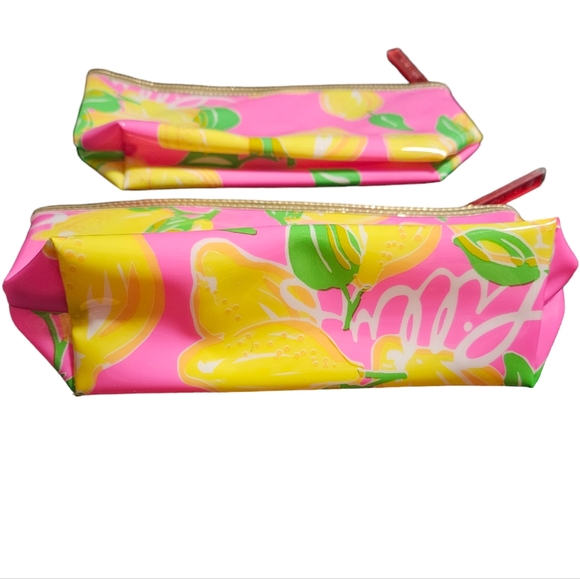 Lilly Pulitzer Estee Lauder PVC Pink Lemons Makeup Bag Lot Of 2 Clean 9.5x5x2 - Picture 3 of 12